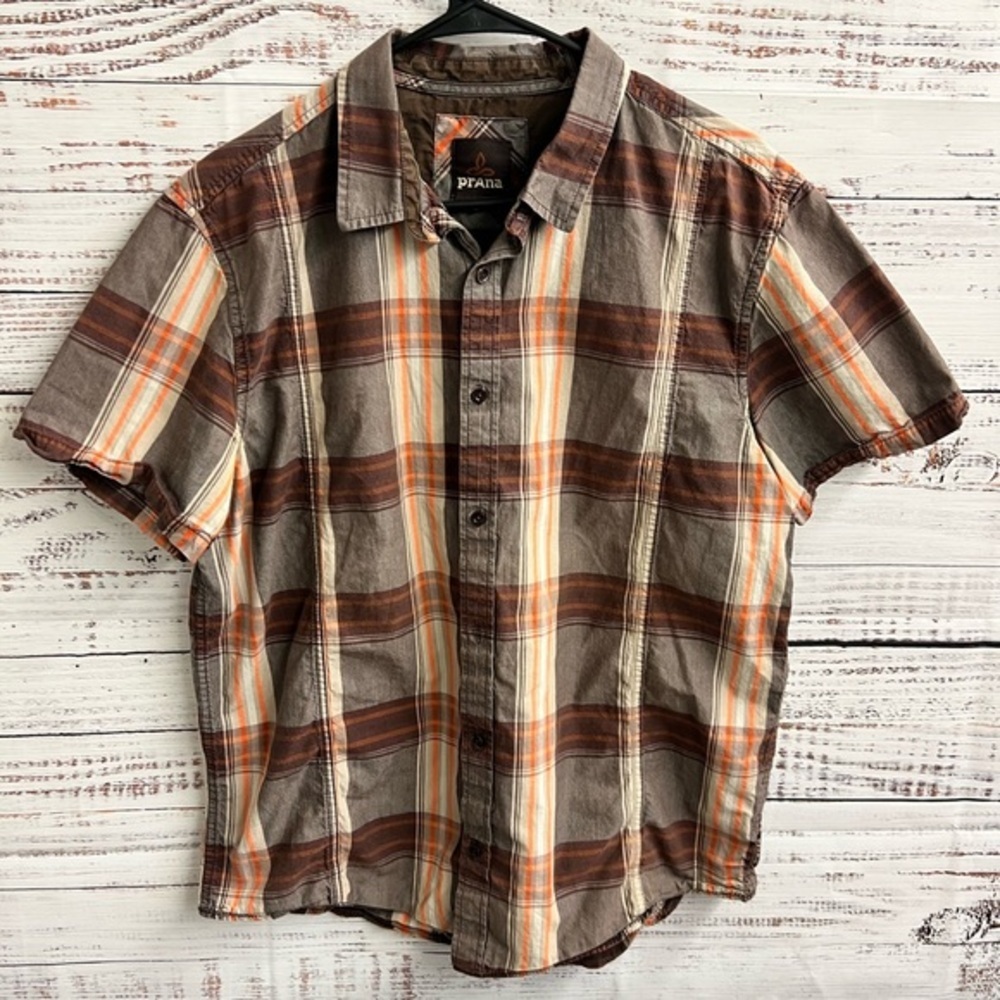 prAna LUKAS Shirt Men Large Plaid‎ Cotton Short Sleeve